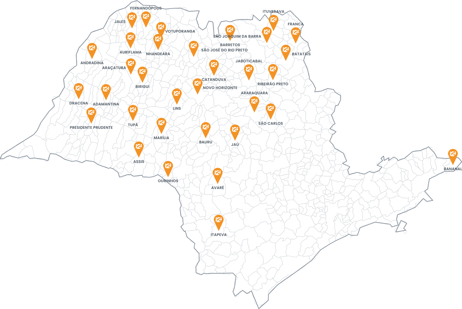 Mapa do Estado de São Paulo com as cidades do interior, a 250 km ou mais da capital, atendidas pelo i2SP